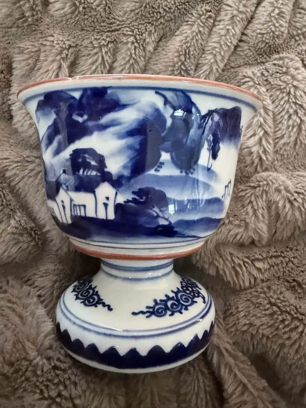 Vintage Blue and White Porcelain Footed Cachepot Planter Pagoda Landscape 5
